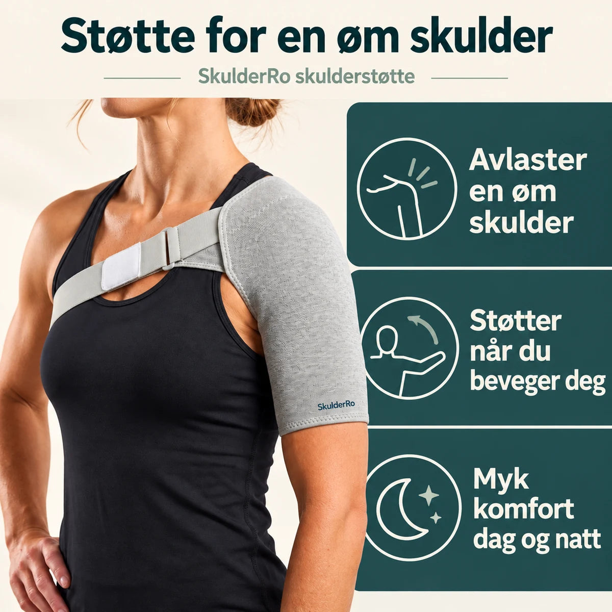 SkulderRo for en øm skulder: avlastning, støtte i bevegelse og myk komfort dag og natt.